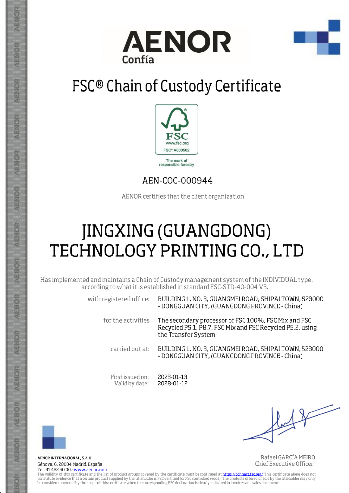 FSC Chain of Custody certificate AEN-COC-000944