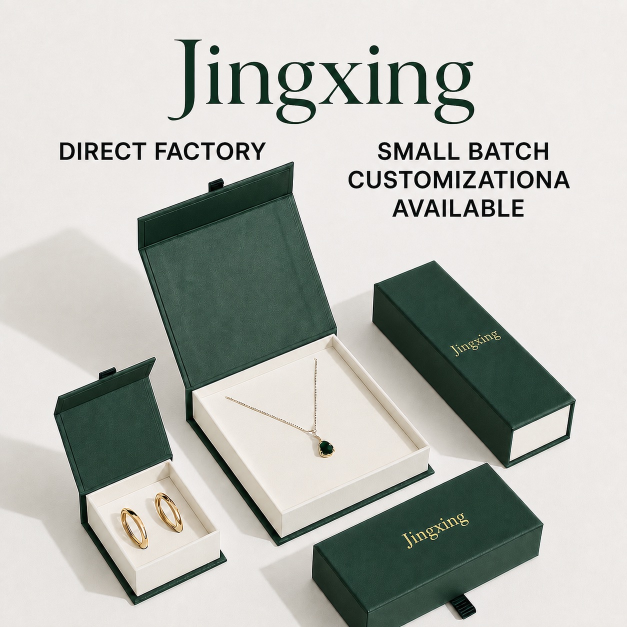 Open rigid jewelry boxes with cream inserts and gold foil Jingxing logo