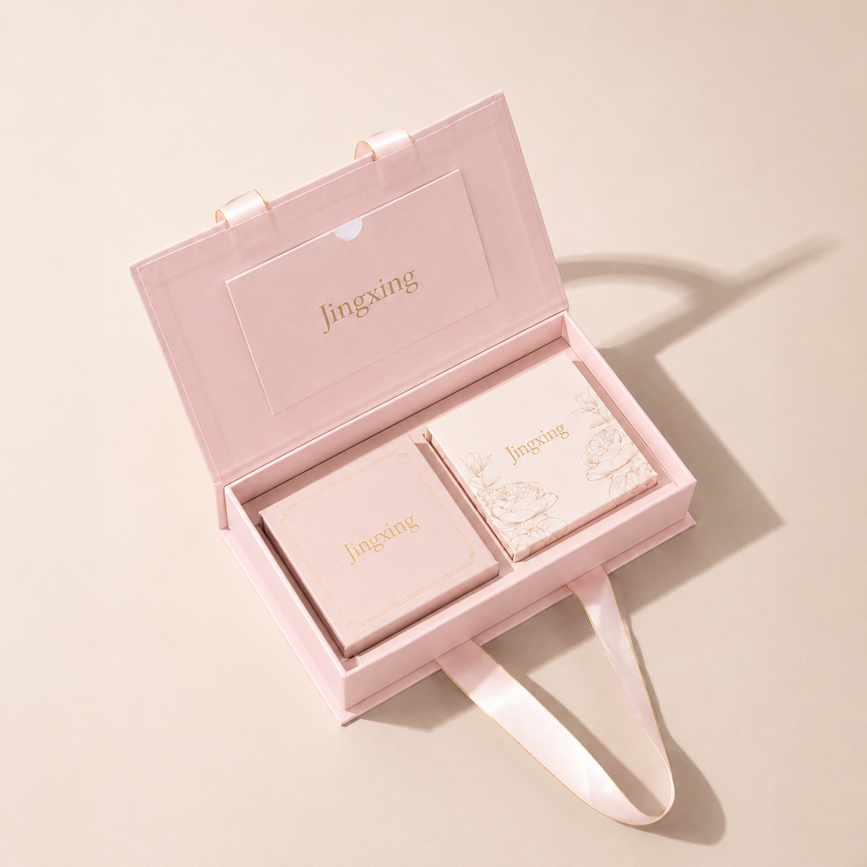 Pink custom jewelry gift set box with ribbon handle and two inner jewelry boxes