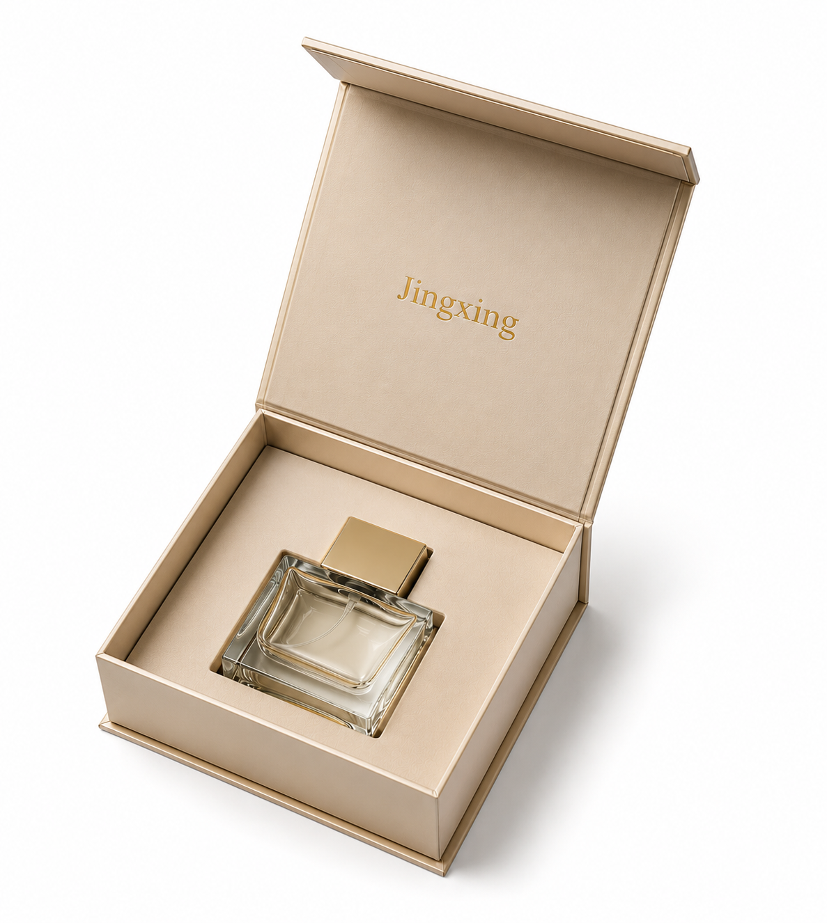 Book style custom perfume gift box with fitted bottle insert and gold Jingxing logo